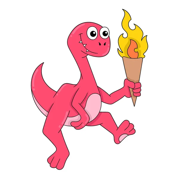 Walking Dinosaur Carrying Fire Torch Vector Illustration Art Doodle Icon — Stock Vector