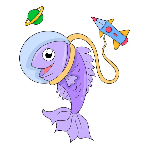 우주에서 날아다니는 우주인 물고기 일러스트 Doodle Icon Image Kawaii — 스톡 벡터