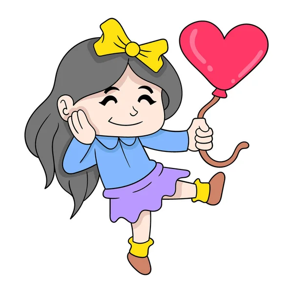 Chica Feliz Sosteniendo Globo Amor Vector Ilustración Arte Doodle Icono — Archivo Imágenes Vectoriales