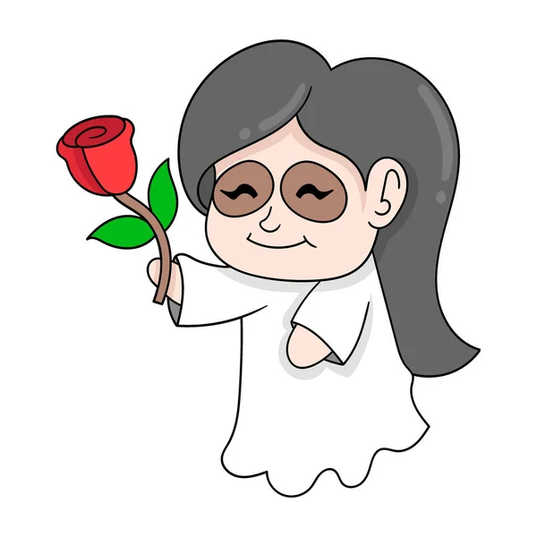 Fantasma Femenino Caminando Con Una Rosa Roja Ilustración Vectorial Arte — Archivo Imágenes Vectoriales