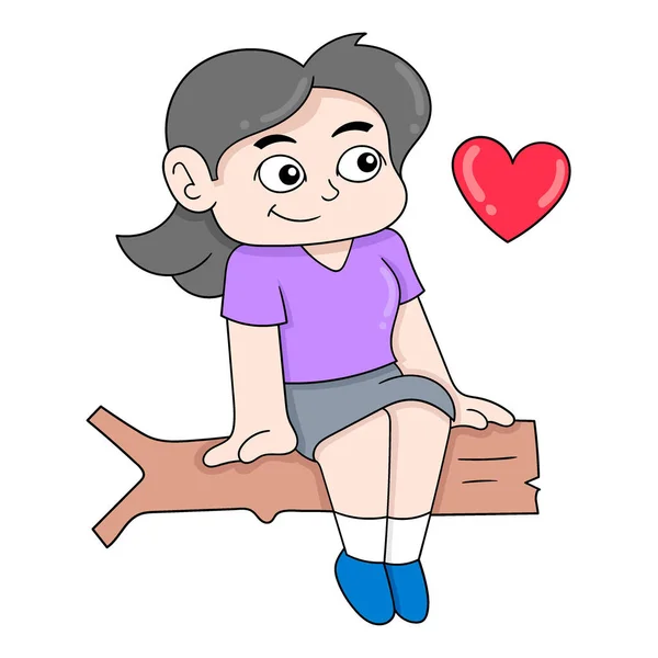 Κορίτσι Κάθεται Ένα Κλαδί Ένα Χαρούμενο Πρόσωπο Στην Αγάπη Διάνυσμα — Διανυσματικό Αρχείο