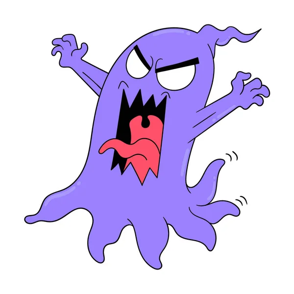 Fantasma Púrpura Cara Aterradora Noche Halloween Ilustración Vectorial Arte Doodle — Vector de stock