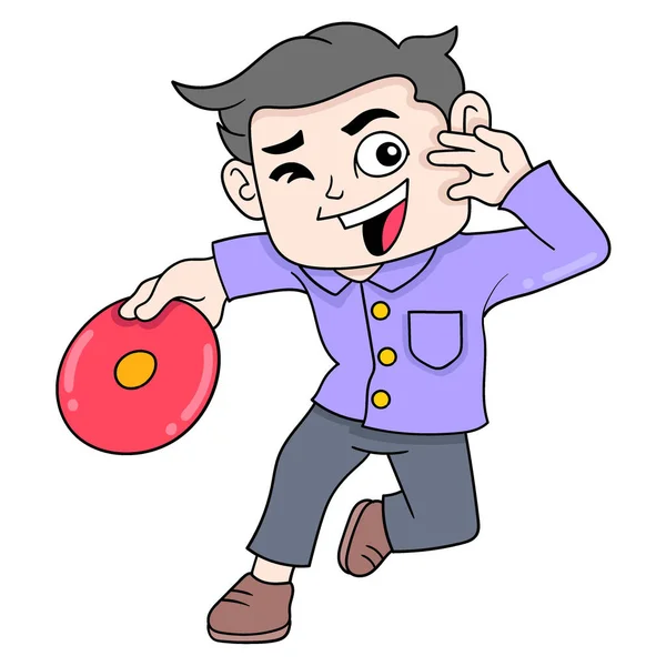 Pojke Väg Att Kasta Frisbee Handen Vektor Illustration Konst Doodle — Stock vektor