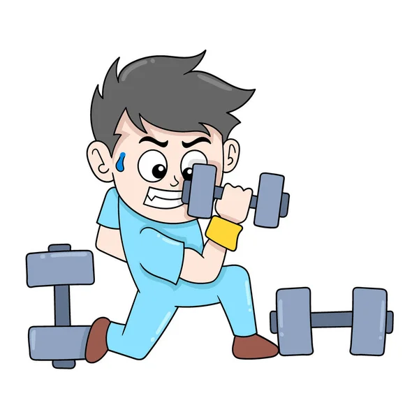 Boy Practicing Lifting Weights Fitness Gym Vector Illustration Art Doodle — Stock Vector