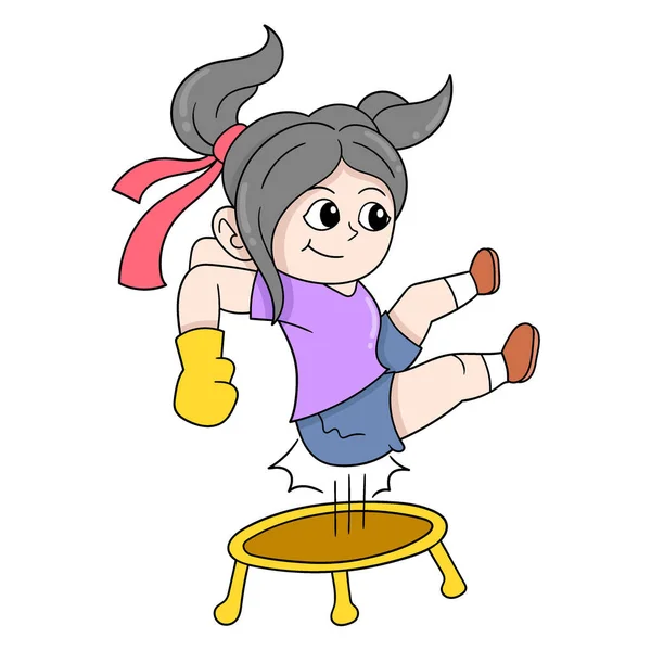 Mädchen Springen Beim Trampolinspringen Vektor Illustration Art Doodle Symbolbild Kawaii — Stockvektor