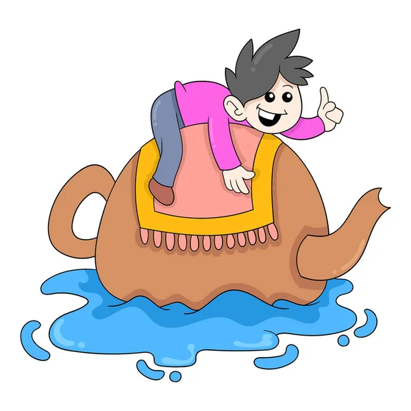 男孩骑着一个大魔术茶壶 病媒图解艺术 涂鸦图标图像Kawaii — 图库矢量图片