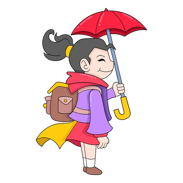 Cute Girl Holding Umbrella Happy Going School Vector Illustration Art — Stock Vector