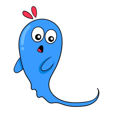 Şaşırmış yüzlü mavi sıvı şekilli bir hayalet, vektör çizim sanatı. karalama simgesi resmi kawaii.