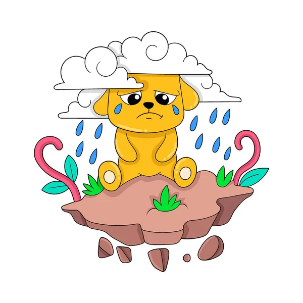 Sad Faced Puppy Crying Heavy Rain Vector Illustration Art Doodle — Stock Vector