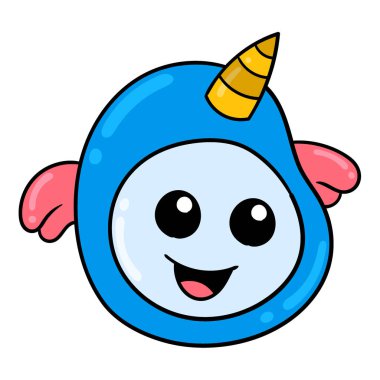 Boynuzlu canavarın başı kurnazca gülümsüyor, vektör çizim sanatı. karalama simgesi resmi kawaii.