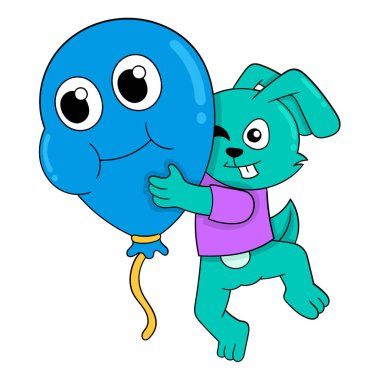 Tavşan doğum gününü balonları bir arada tutarak kutluyor, vektör illüstrasyon sanatı. karalama simgesi resmi kawaii.