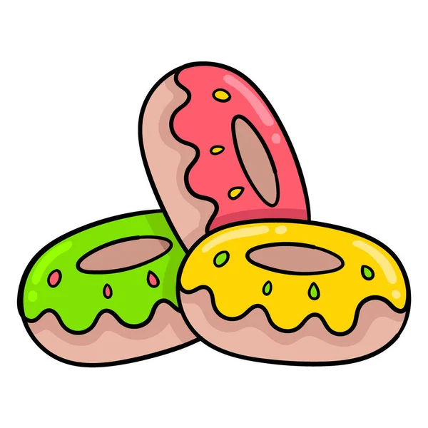 Bunte Leckere Donuts Mit Köstlicher Süßer Sahne Cartoon Emoticon Doodle — Stockvektor