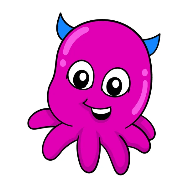 Happy Faced Purple Horned Octopus Vector Illustration Art Doodle Icon — Stock Vector