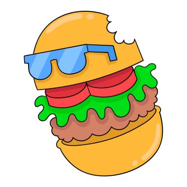 Mavi gözlük takan leziz hamburger surat, vektör çizim sanatı. karalama simgesi resmi kawaii.