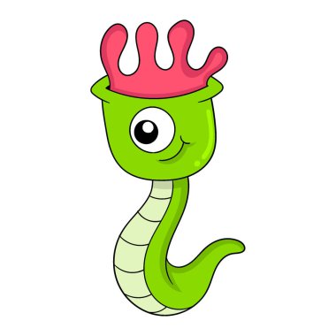 Tek gözlü yılan vücut canavarı kibarca gülümsüyor, vektör çizim sanatı. karalama simgesi resmi kawaii.
