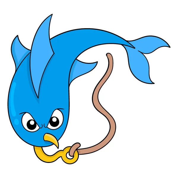 Blue Dolphin Stuck Hook His Mouth Vector Illustration Art Doodle — Stok Vektör