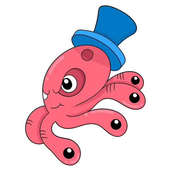 Red Octopus Wearing Hat Walking Hurry Vector Illustration Art Doodle — Vector de stock