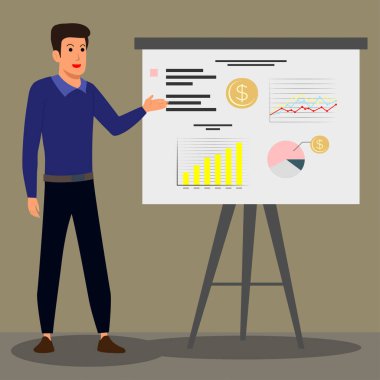 Erkek işletme uzmanı grafiksel iş geliştirme tablosunu, konsept çizim resmini, vektör tasarımı düz arkaplan