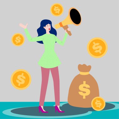 woman doing sales promotion through megaphone, concept illustration image, vector design flat background