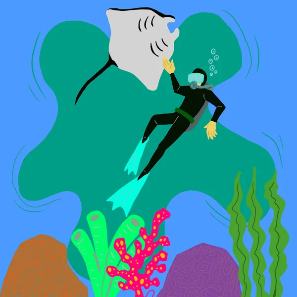 Potápěč Plavání Moři Rejnoky Koncept Ilustrační Obraz Vektorový Design Ploché — Stock fotografie