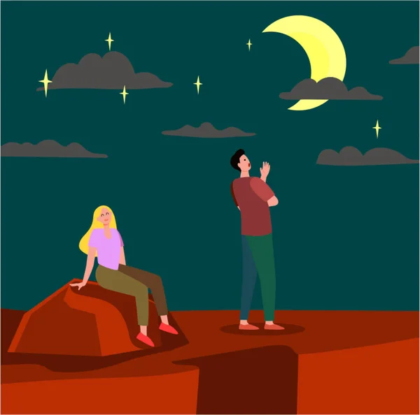 Boy Girl Couple Enjoying Nature Crescent Moon Night Concept Illustration — Fotografia de Stock