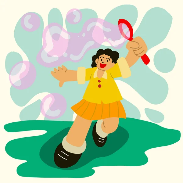 Девушка Играет Мыльные Пузыри Парке Счастливо Концепт Иллюстрации Изображения Векторный — стоковое фото