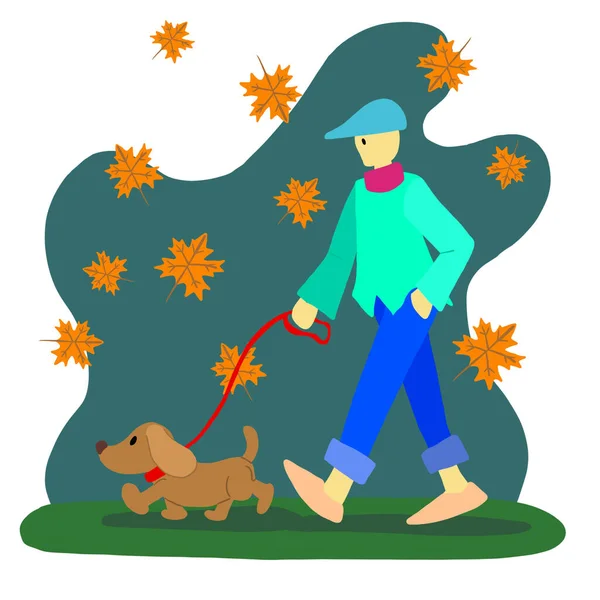 Temporada Outono Acolhedor Andando Com Cão Estimação Imagem Ilustração Conceito — Fotografia de Stock