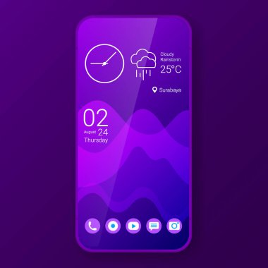 mor zarif ev ekranı gerçekçi akıllı telefon kullanıcı arayüzü, vektör tasarım illüstrasyonu