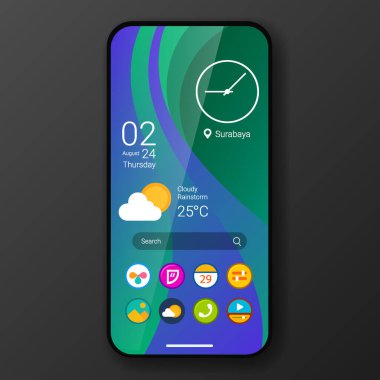 yeşil dalga özel kullanıcı arayüzü ev ekranı gerçekçi akıllı telefon tasarımı, vektör tasarımı illüstrasyonu