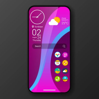 neon dalga özel kullanıcı arayüzü ev ekranı gerçekçi akıllı telefon tasarımı, vektör tasarımı illüstrasyonu