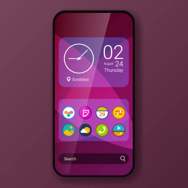 pembe parçacık kullanıcı arayüzü ev ekranı gerçekçi akıllı telefon tasarımı, vektör tasarımı illüstrasyonu