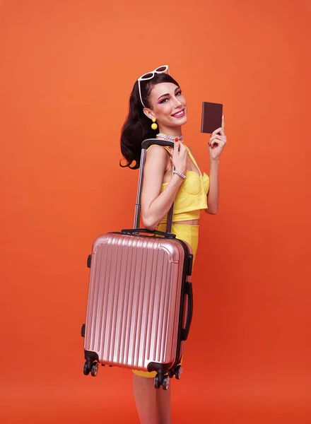 Happy Woman Holding Suitcase Showing Passport Orange Background Tourist Girl — Photo