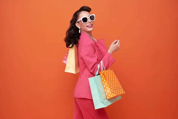 Cheerful Happy Woman Enjoying Shopping She Carrying Shopping Bags Orange — Photo
