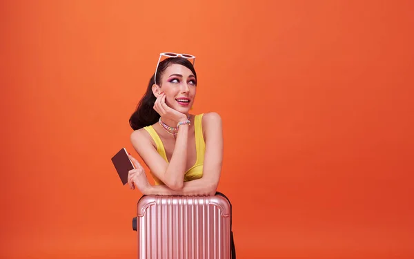 Happy Woman Girl Suitcase Passport Looking Orange Copy Space Background — Stok fotoğraf