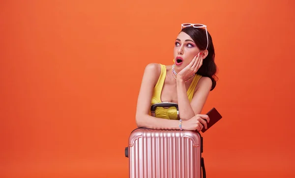 Happy Woman Girl Suitcase Passport Looking Orange Copy Space Background — Photo