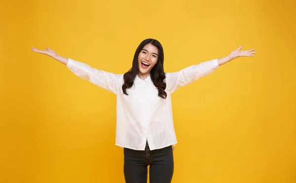 Happy Young Asian Teenage Girl Isolated Yellow Background — Stock Photo, Image