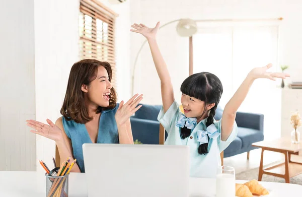 Asian Single Mother Daughter Using Laptop Computer Online Study Homeschooling Royalty Free Stock Photos