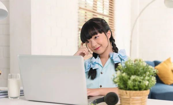 Asian Girl Using Laptop Computer Online Study Homeschooling Home Quarantine Stock Picture