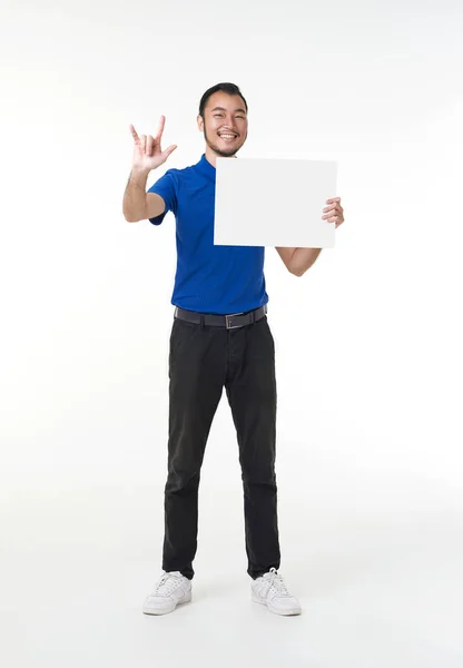 Handsome Asian Deliveryman Holding Mockup Blank Sign Board Isolated White — Zdjęcie stockowe