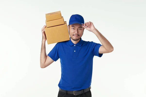 Handsome Asian Deliveryman Holding Package Parcel Box Isolated White Background — Zdjęcie stockowe