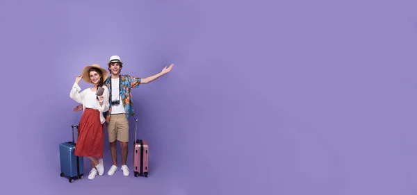 Happy Excited Couple Tourist Baggage Going Travel Holidays Isolated Copy — Photo