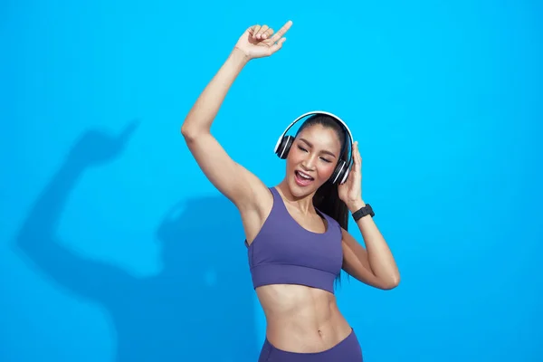 Happy Relax Asian Woman Using Headphone Listening Music Dancing Fitness — Stock Photo, Image