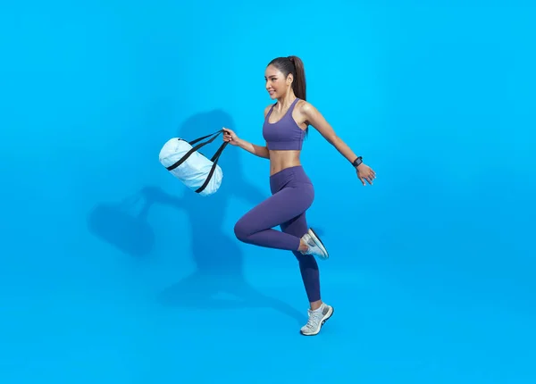 Training Fitness Happy Asian Sporty Woman Bag Running Blue Background — Stockfoto