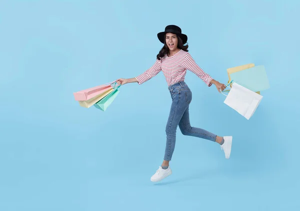 Jumping Happy Teen Asian Woman Enjoying Shopping She Carrying Shopping — Foto de Stock