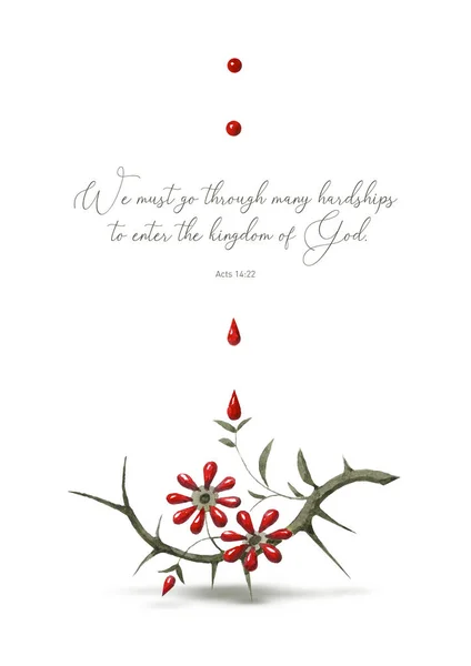Akvarelová Malba Krvavě Kvetoucího Trnitého Keře Ilustrace Povzbudivou Biblickou Citací — Stock fotografie