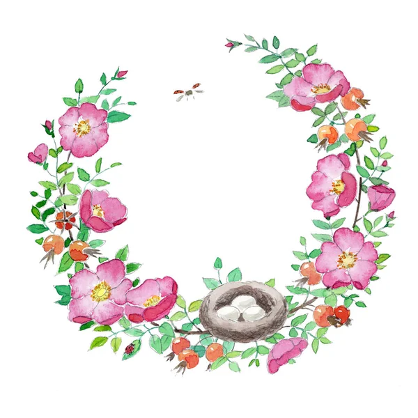 Půvabná Jemná Akvarel Růžový Pes Růže Věnec Botanický Věnec Obrázek — Stock fotografie