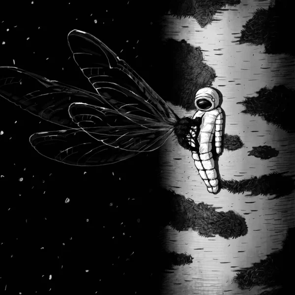 Fantasy sci-fi surreal cosmos fiction square black and white artwork with dead astronaut somwhere in a deep space and moment of xenomorph birth picture drawing 