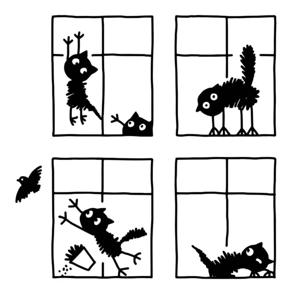 Set Funny Cosy Cute Various Cats Playing Windows Drawing Character — Vetor de Stock