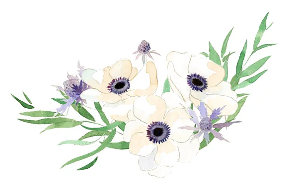 Beautiful Retro Vintage Hand Drawn Watercolor Flower Anemones Wedding Date — 스톡 사진