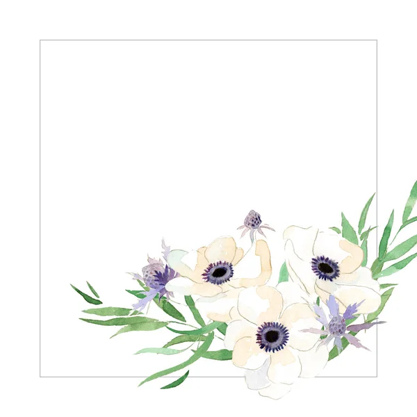 Beautiful retro vintage hand drawn watercolor flower anemones wedding save the date composition with frame